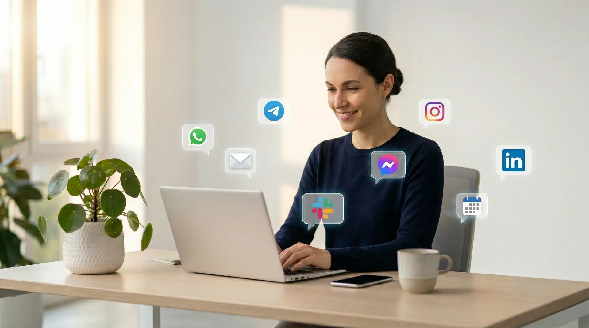 Jess, AI receptionist for small business, sitting at a modern office desk handling WhatsApp, email, and social media messages