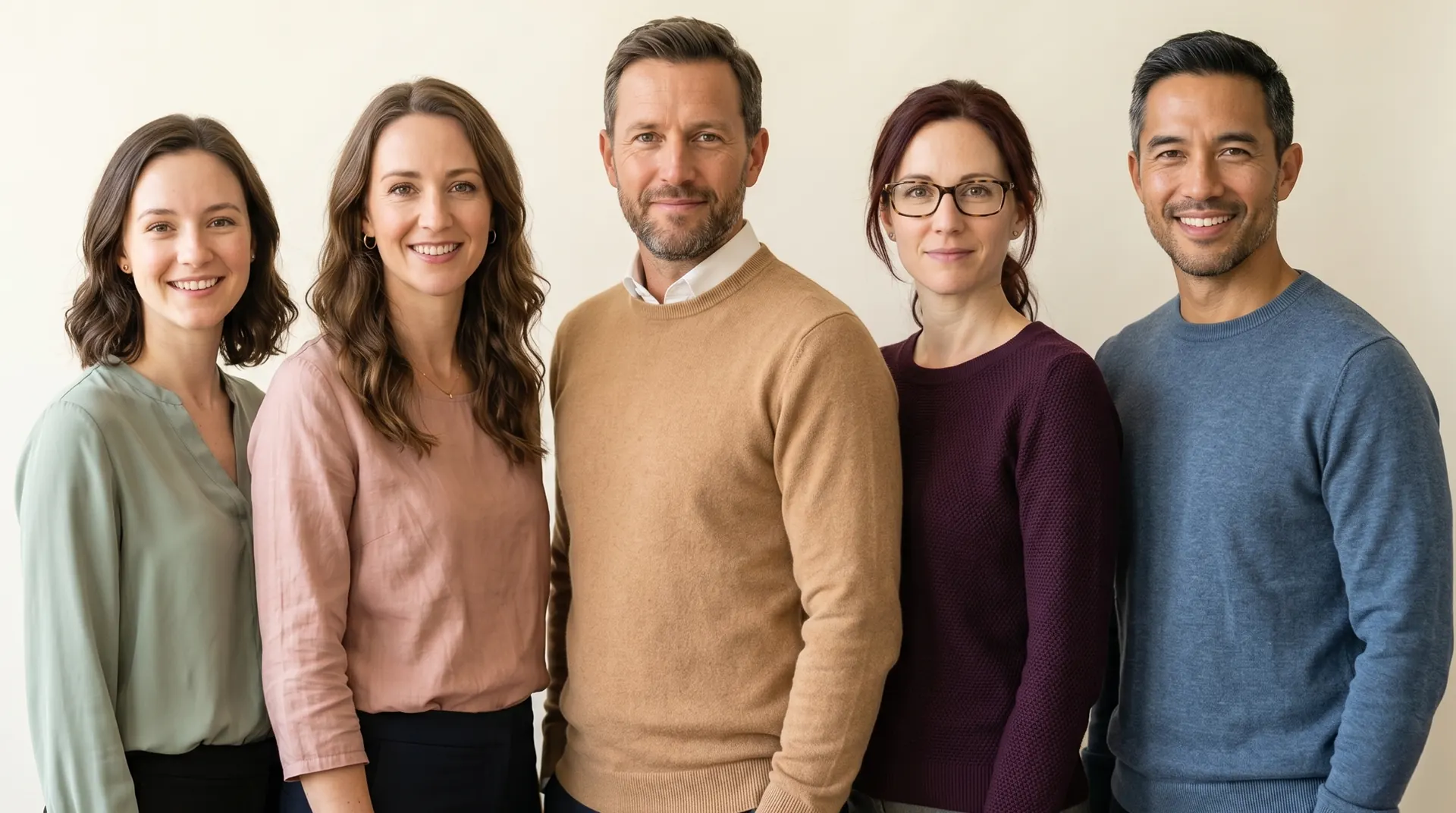 The Agency — Jess the receptionist, Sarah the social media manager, Freddie the UK tax advisor, Rosie the researcher, and Benny the sales advisor, standing as a team in a modern studio