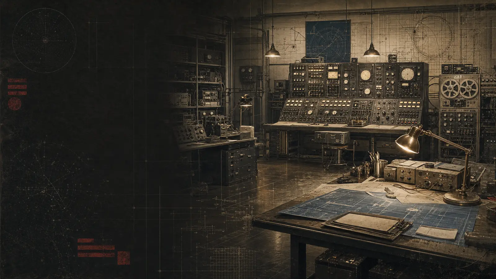 Moody archival-style signal lab with switchboards, tape reels, drafting tables, and technical charts.
